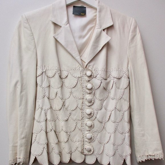 Fendi - Off-White Leather Jacket w/Scalloped Pattern Size 40 EU/ 4 US